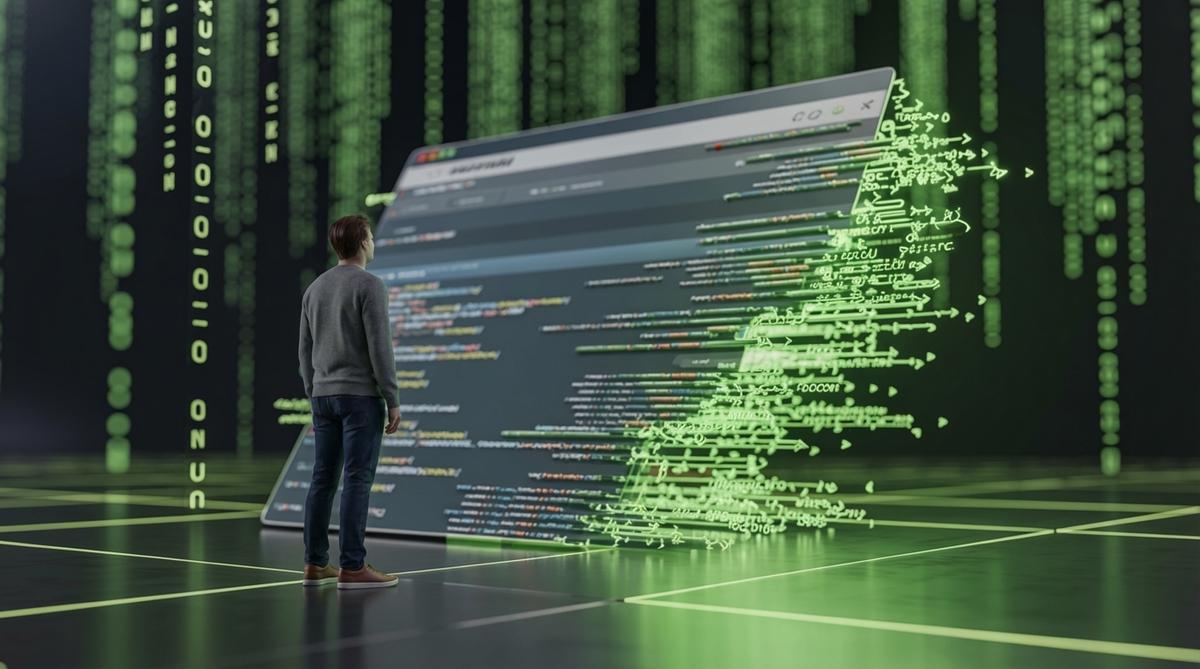 Entrepreneur observant une page web se transformer en flux de code, univers Matrix, structure du web et référencement.