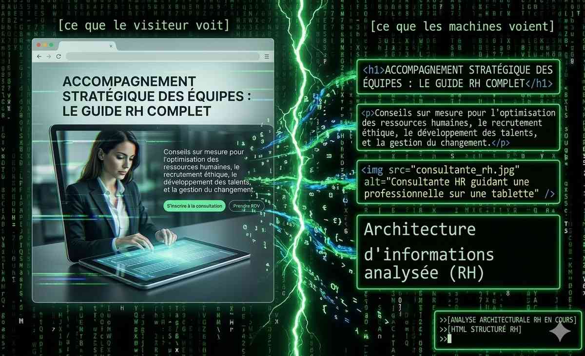 Différence entre ce que voit un visiteur sur un site web et la structure HTML analysée par les moteurs de recherche et les intelligences artificielles.